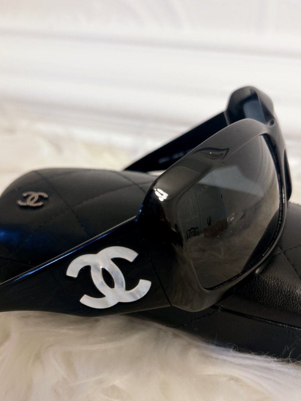 CHANEL Mother of Pearl Logo Sunglasses with Case